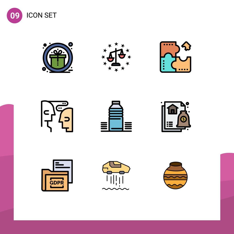 Filledline Flat Color Pack of 9 Universal Symbols of bottle human app communication puzzle Editable Vector Design Elements