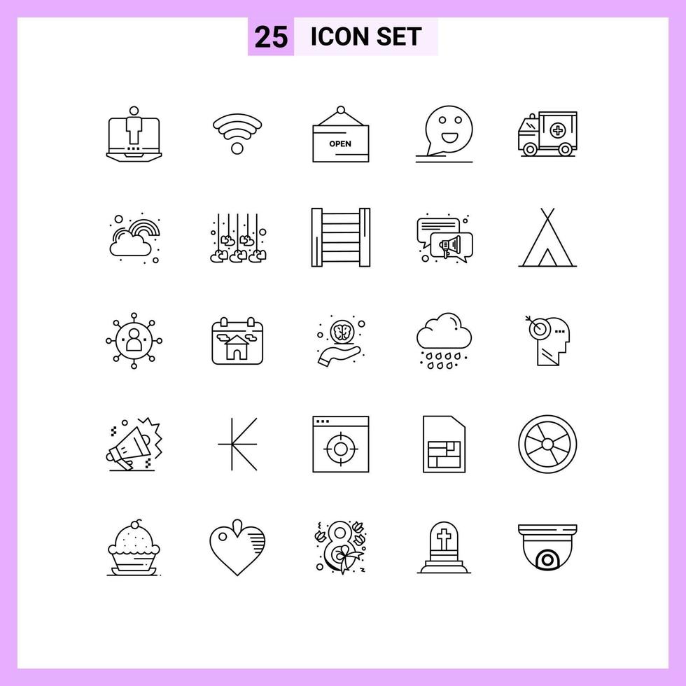 Mobile Interface Line Set of 25 Pictograms of truck mail e happy chat Editable Vector Design Elements