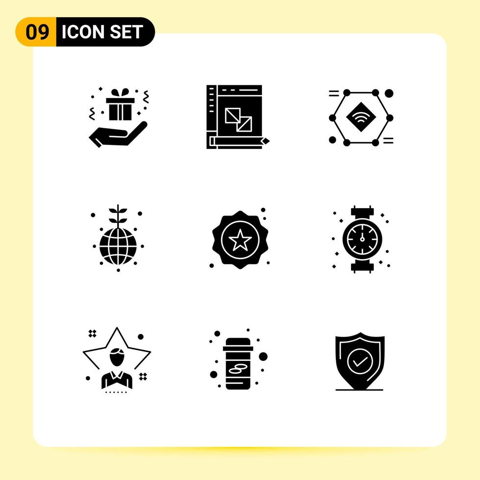 Editable Vector Line Pack of 9 Simple Solid Glyphs of badge world internet of things globe wifi Editable Vector Design Elements