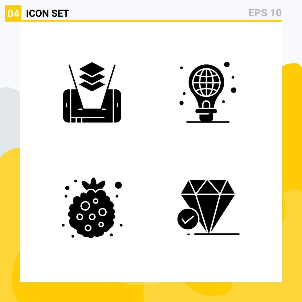 Universal Icon Symbols Group of 4 Modern Solid Glyphs of mobile healthy protection light bulb diamond Editable Vector Design Elements