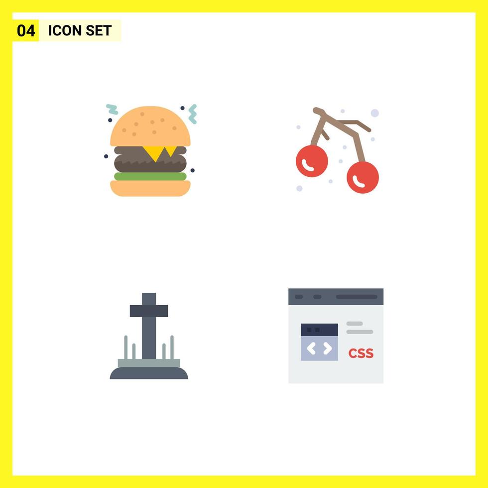 4 User Interface Flat Icon Pack of modern Signs and Symbols of burger cross food cherry code Editable Vector Design Elements