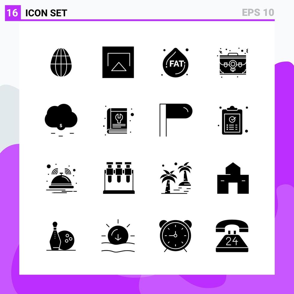 conjunto de 16 iconos en estilo sólido símbolos de glifos creativos para el diseño de sitios web y aplicaciones móviles signo de icono sólido simple aislado en fondo blanco 16 iconos fondo de vector de icono negro creativo