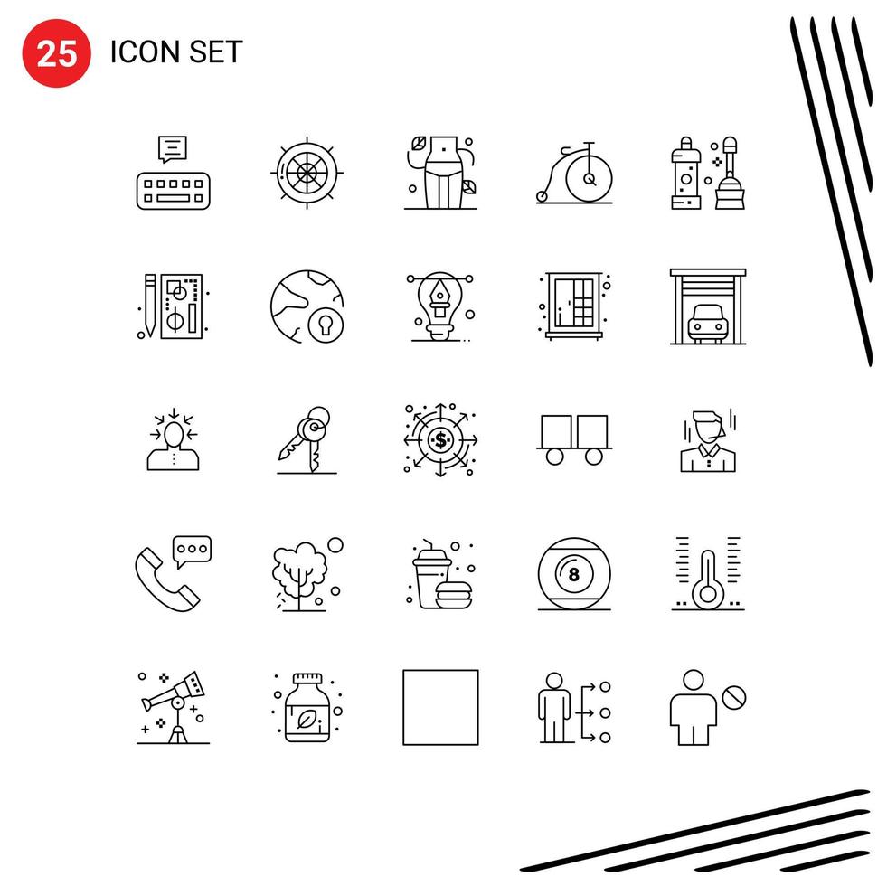 Set of 25 Commercial Lines pack for cleaner vehicle diet transportation bike Editable Vector Design Elements