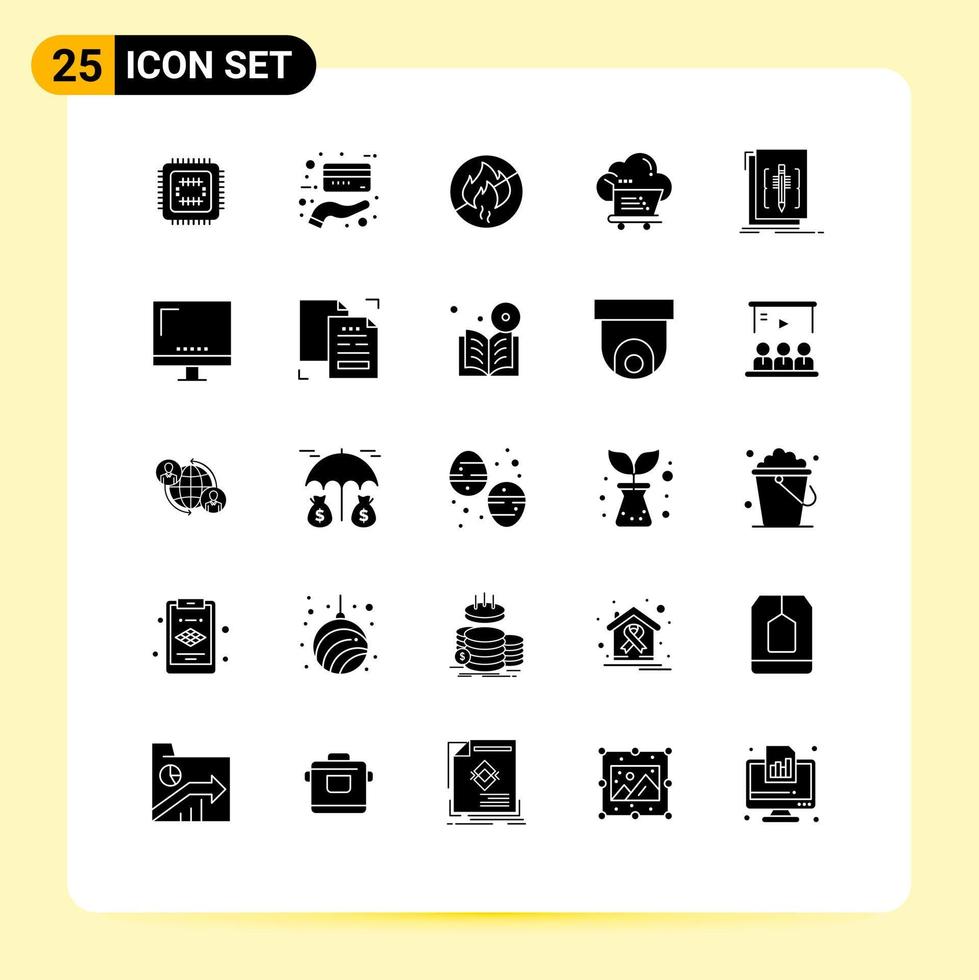 Group of 25 Modern Solid Glyphs Set for edit trolley no ecommerece cloud Editable Vector Design Elements