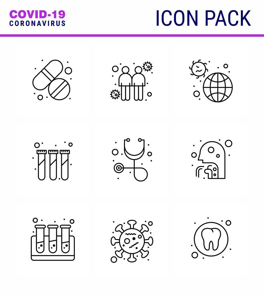 Coronavirus Prevention Set Icons 9 Line icon such as  diagnosis test disease lab virus viral coronavirus 2019nov disease Vector Design Elements