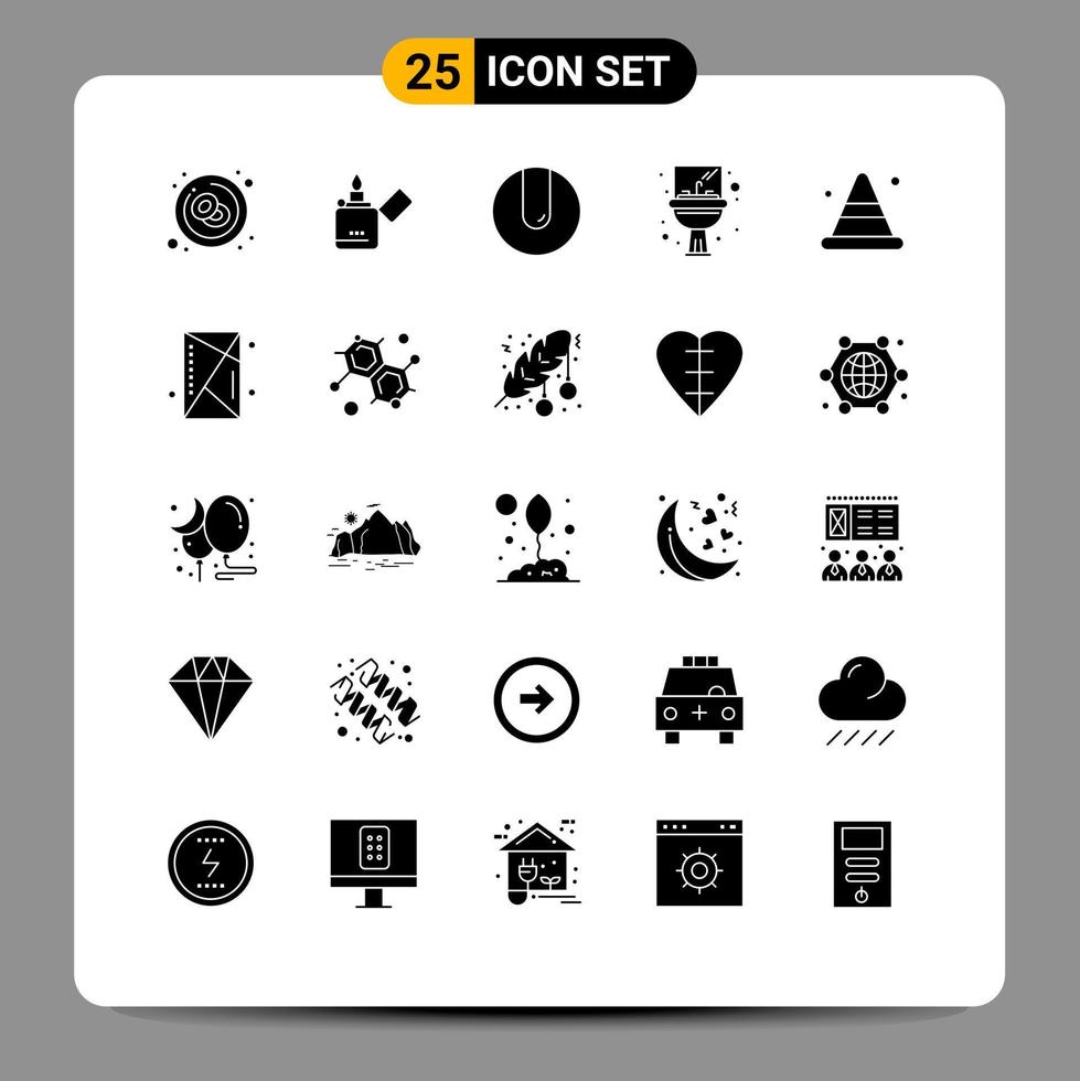 Pack of 25 creative Solid Glyphs of cone mirror zippo washbasin bathroom Editable Vector Design Elements