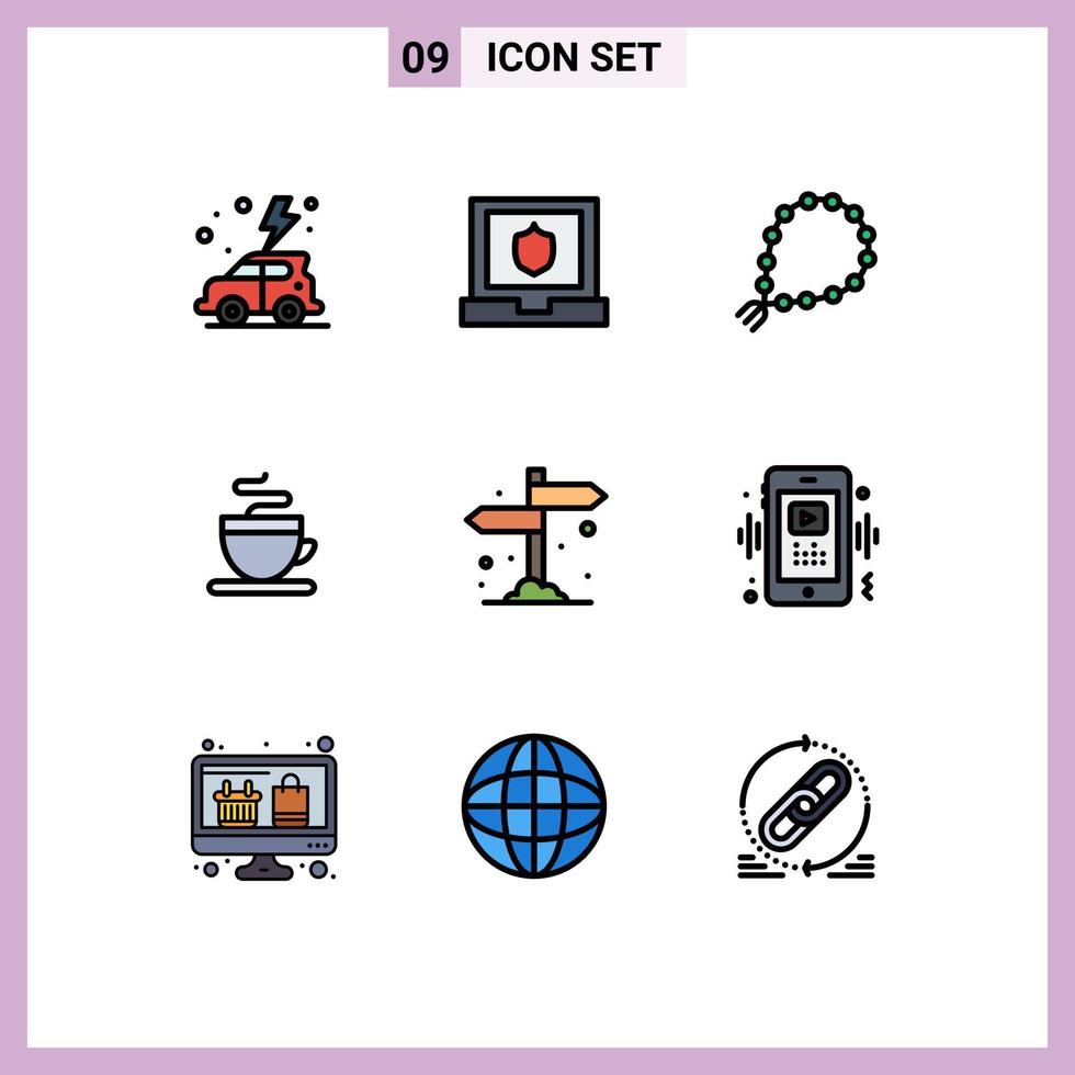 Mobile Interface Filledline Flat Color Set of 9 Pictograms of direction board tasbih cup coffee Editable Vector Design Elements