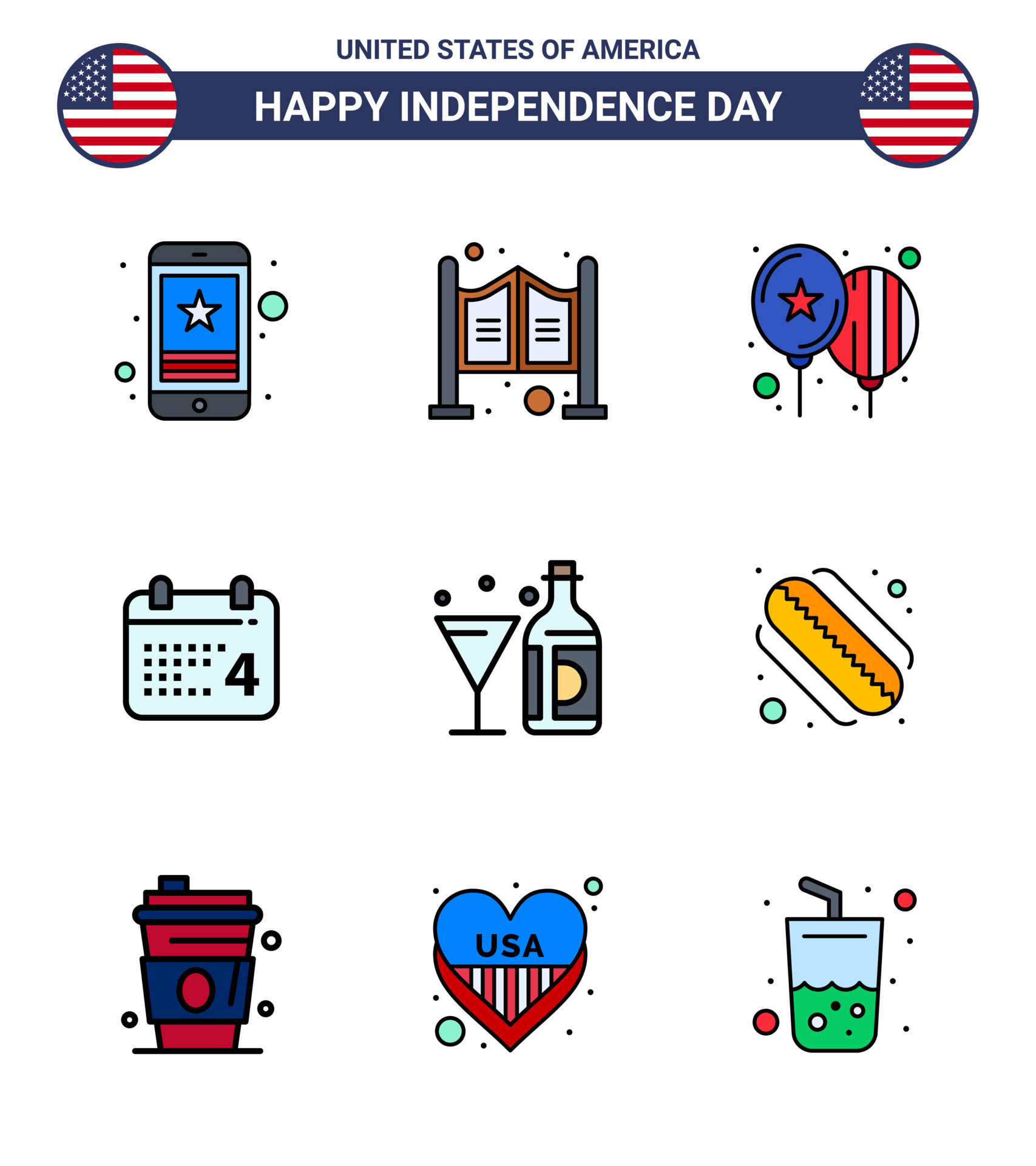 9 USA Flat Filled Line Pack of Independence Day Signs and Symbols of