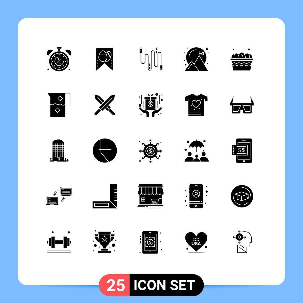 Mobile Interface Solid Glyph Set of 25 Pictograms of egg success audio goal achieved Editable Vector Design Elements
