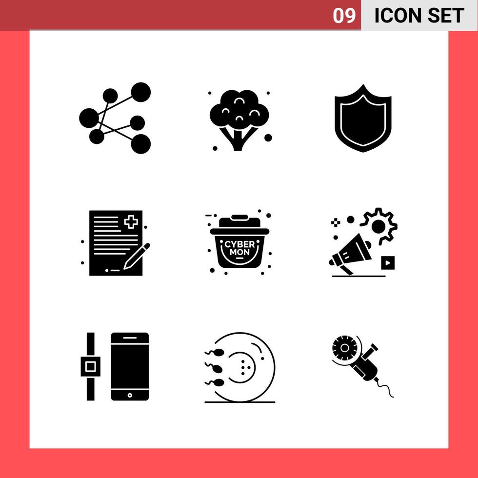 9 Icon Pack Solid Style Glyph Symbols on White Background Simple Signs for general designing Creative Black Icon vector background
