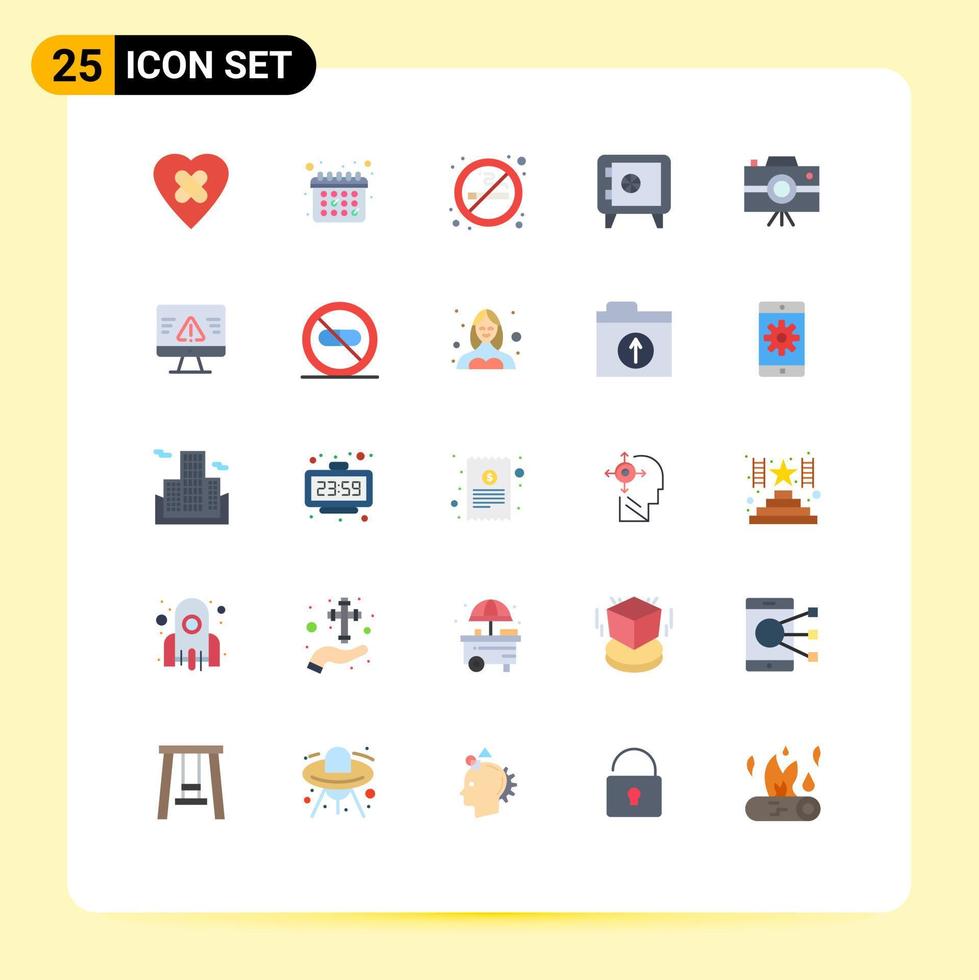 Set of 25 Vector Flat Colors on Grid for breach journalist camera smoking handycam journey Editable Vector Design Elements