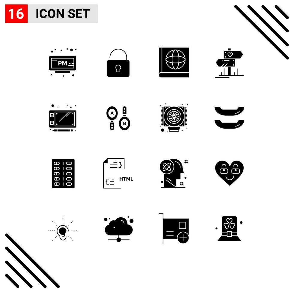 16 Universal Solid Glyphs Set for Web and Mobile Applications search tablet book sketch wedding Editable Vector Design Elements