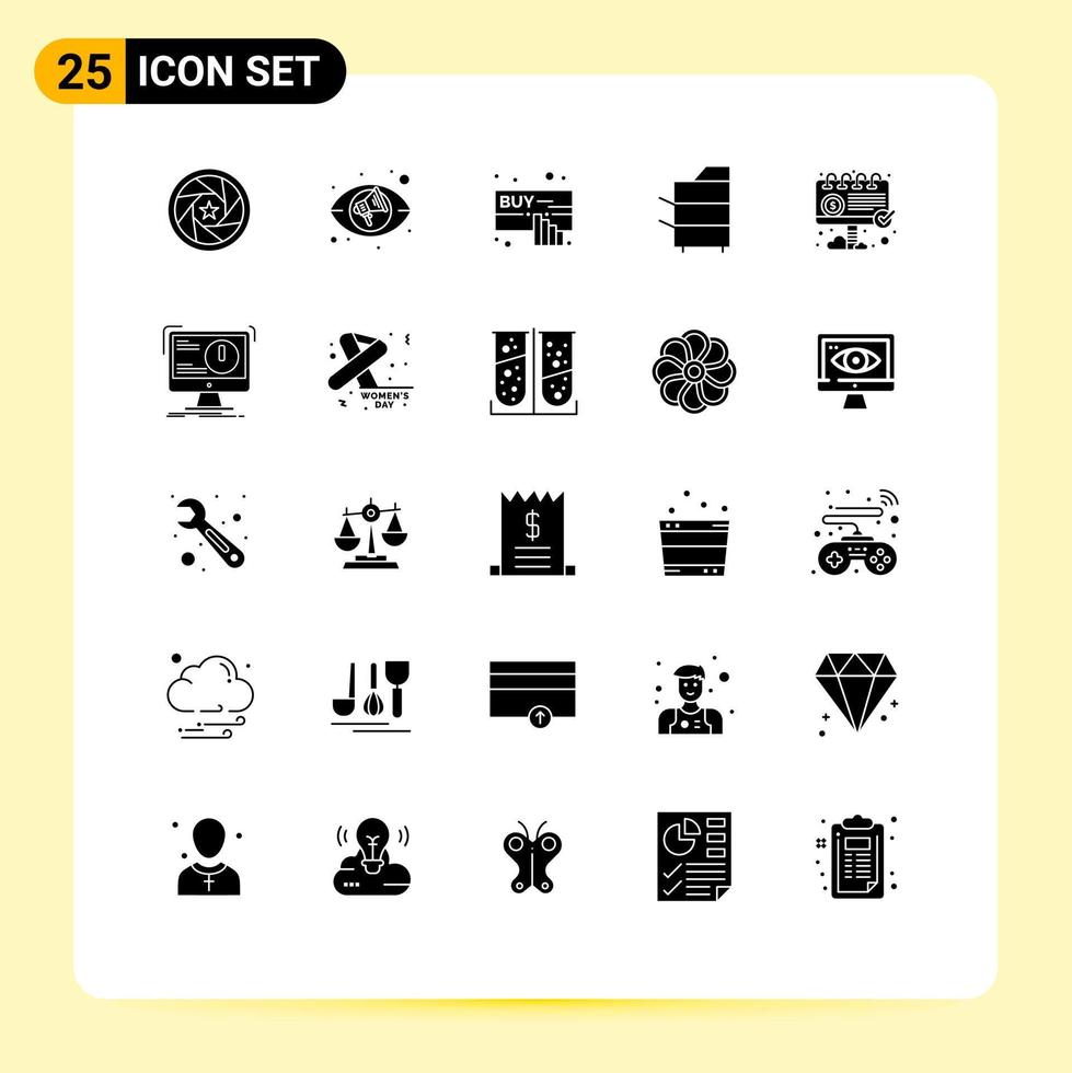 Pack of 25 creative Solid Glyphs of advertisement products buy electronics copier Editable Vector Design Elements