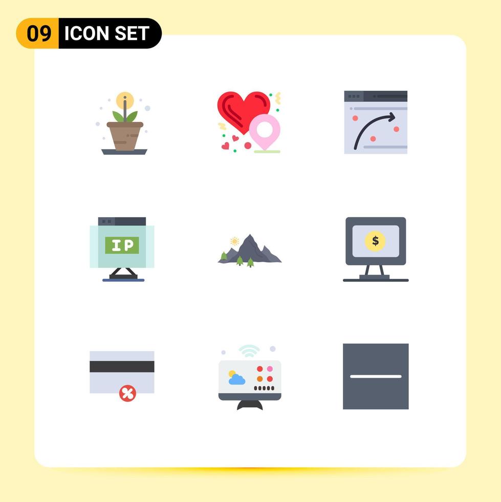 Modern Set of 9 Flat Colors Pictograph of nature landscape window mountain location Editable Vector Design Elements