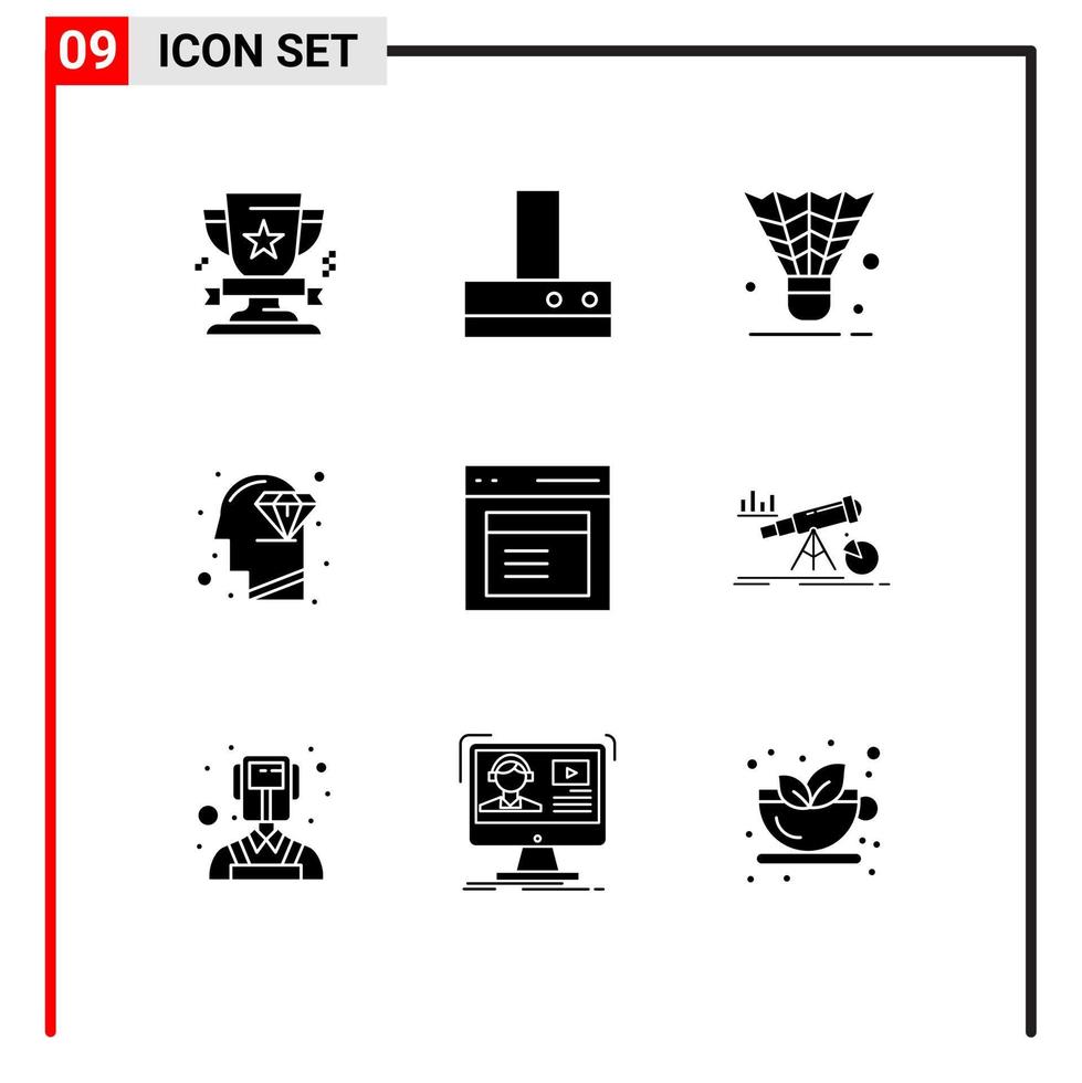 User Interface Pack of 9 Basic Solid Glyphs of communication mind badminton head sport Editable Vector Design Elements