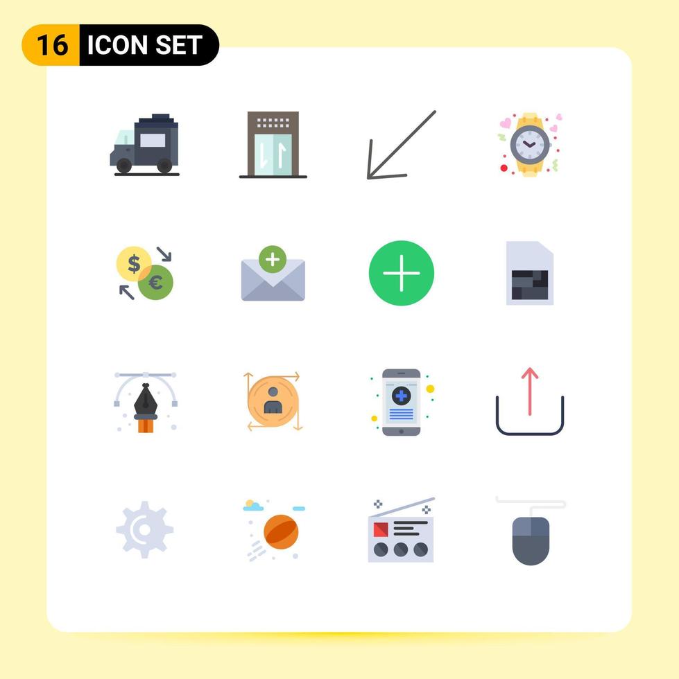 Set of 16 Commercial Flat Colors pack for exchange converter down watch love Editable Pack of Creative Vector Design Elements