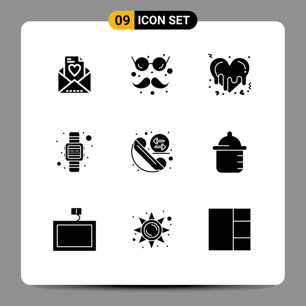 Mobile Interface Solid Glyph Set of 9 Pictograms of phone call heart hand watch time Editable Vector Design Elements
