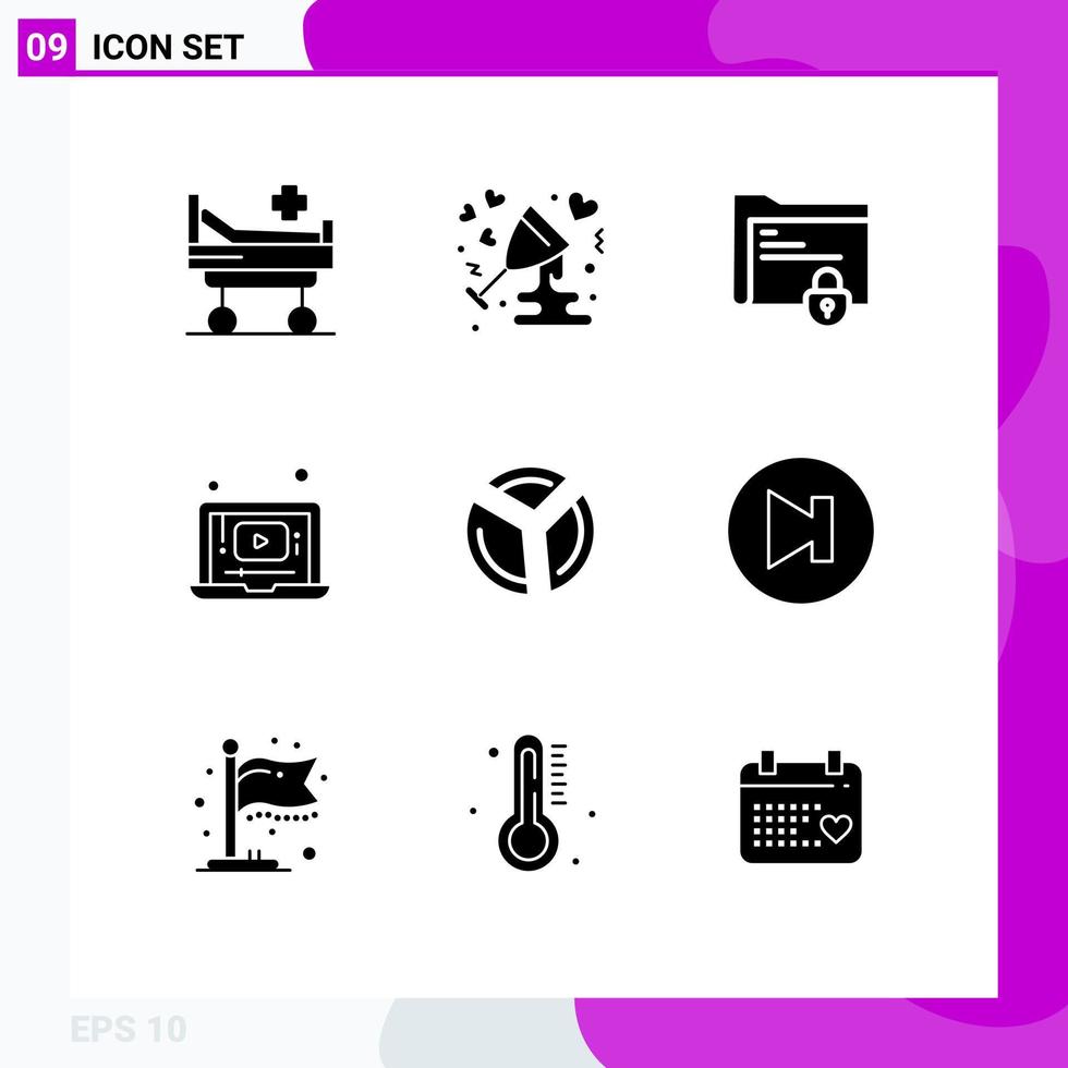 Pictogram Set of 9 Simple Solid Glyphs of chart player document video safe folder Editable Vector Design Elements