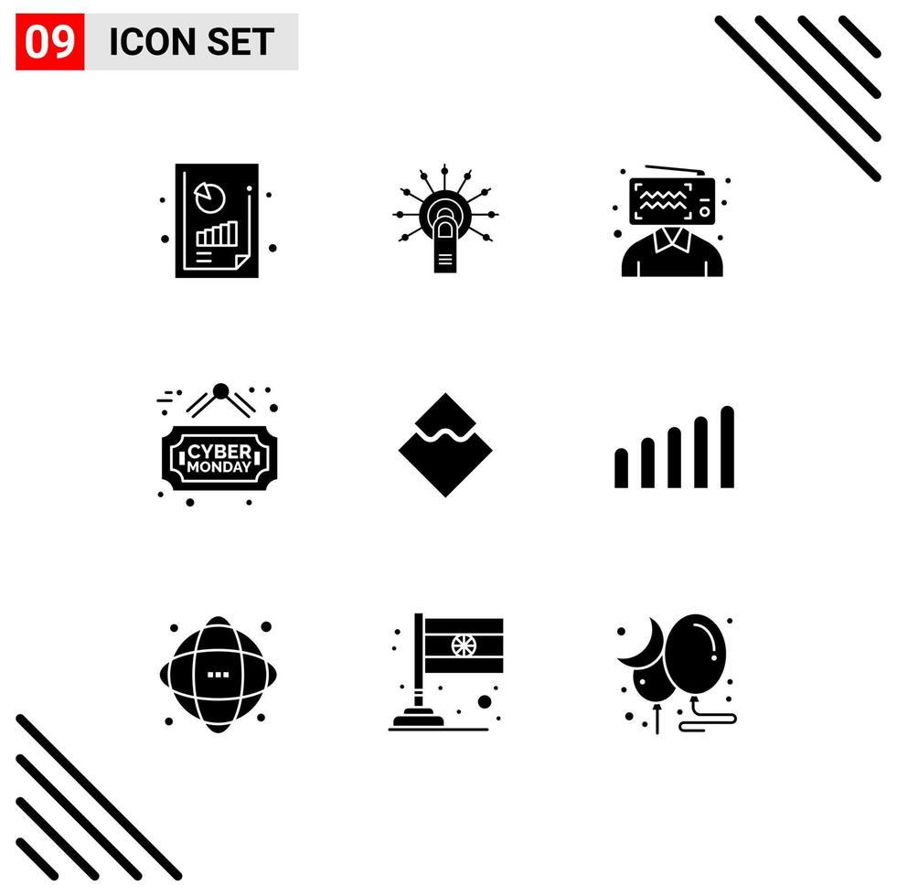 Modern Set of 9 Solid Glyphs and symbols such as coin sale touch here board influencer Editable Vector Design Elements