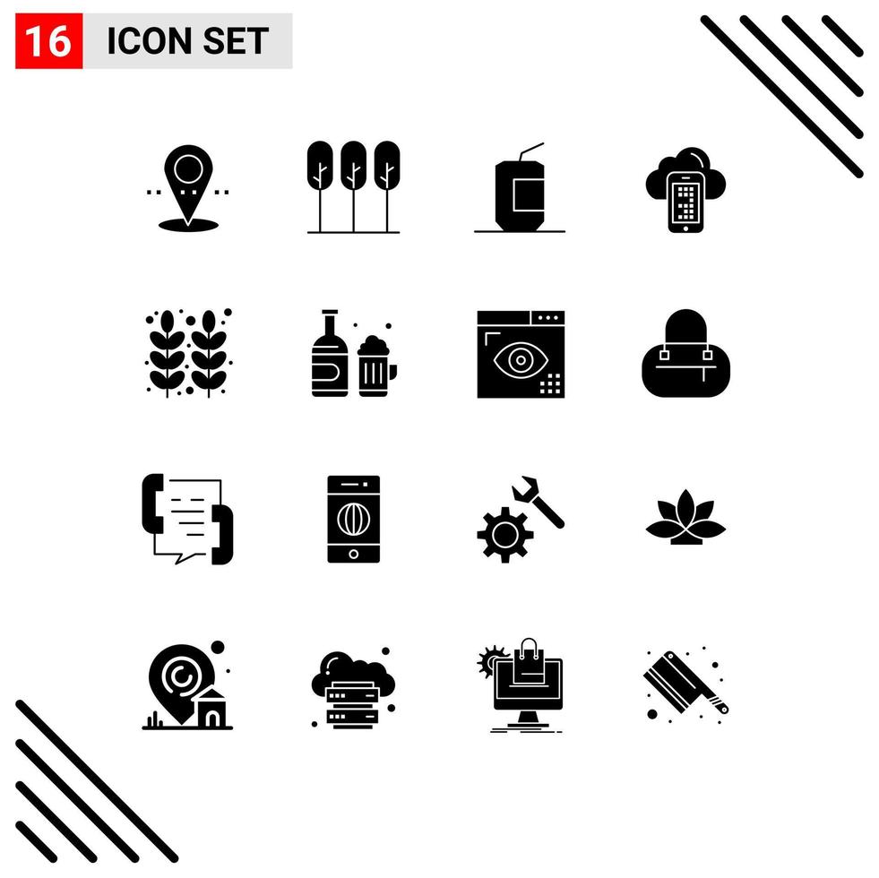 Pack of 16 Modern Solid Glyphs Signs and Symbols for Web Print Media such as food cell cola mobile cloud Editable Vector Design Elements