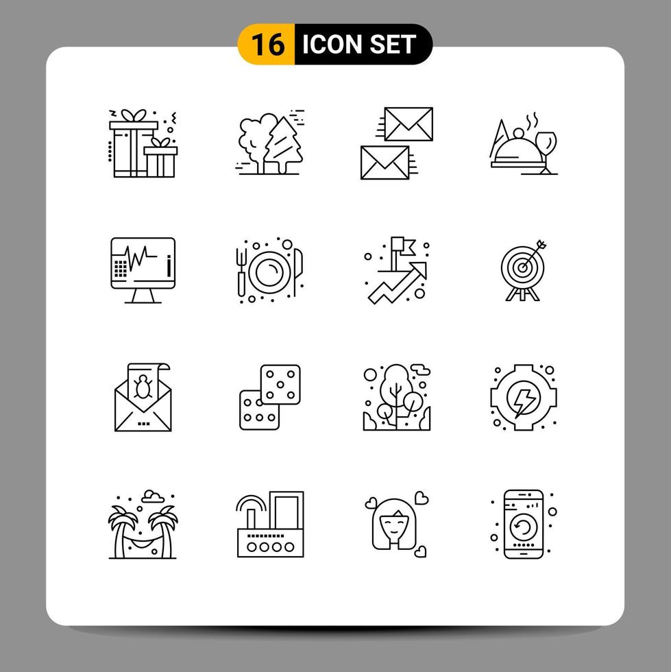 Universal Icon Symbols Group of 16 Modern Outlines of heart food communication dish envelope Editable Vector Design Elements