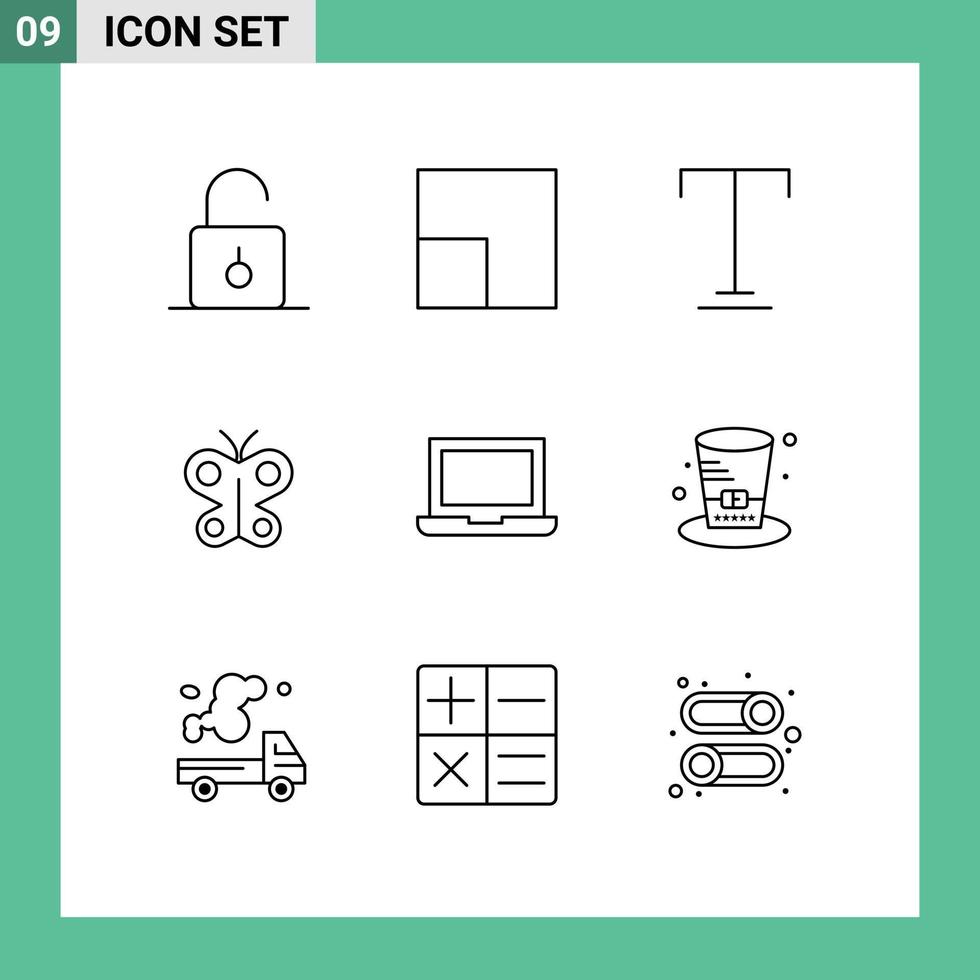 User Interface Pack of 9 Basic Outlines of day laptop text device insect Editable Vector Design Elements