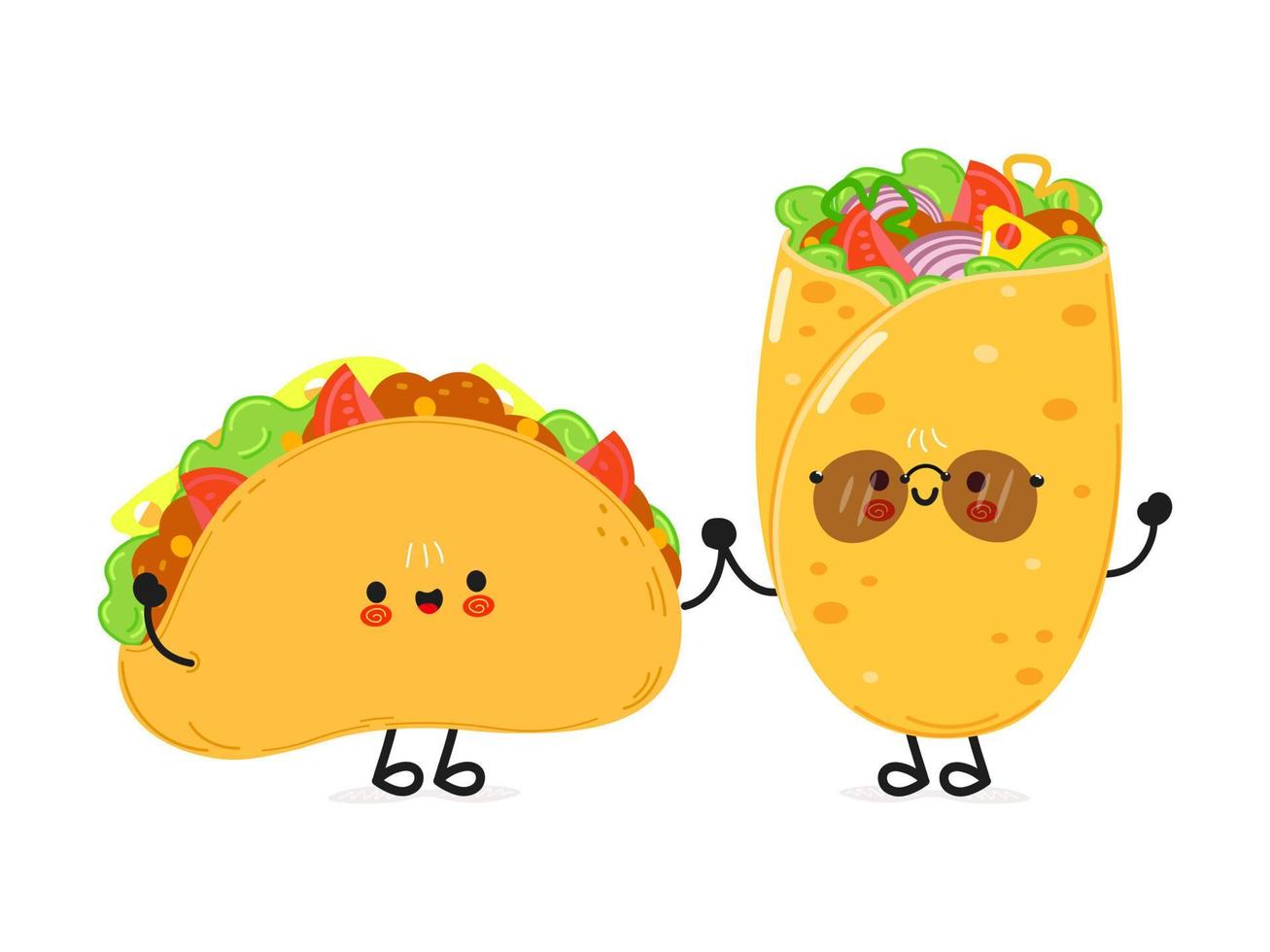 linda tarjeta feliz de taco y burrito. diseño de icono de ilustración de personaje de dibujos animados de estilo de fideos dibujado a mano vectorial. Tarjeta de concepto de feliz taco y burrito amigos. tarjeta de comida mexicana vector