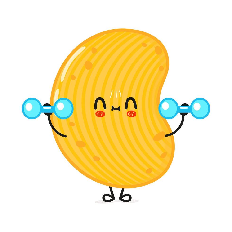 lindo personaje de chips divertidos con pesas. icono de ilustración de personaje kawaii de dibujos animados dibujados a mano vectorial. aislado sobre fondo blanco. concepto de gimnasio de personajes de patatas fritas vector