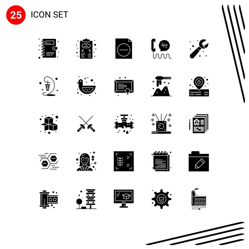 Solid Glyph Pack of 25 Universal Symbols of plumber help delete contact center Editable Vector Design Elements