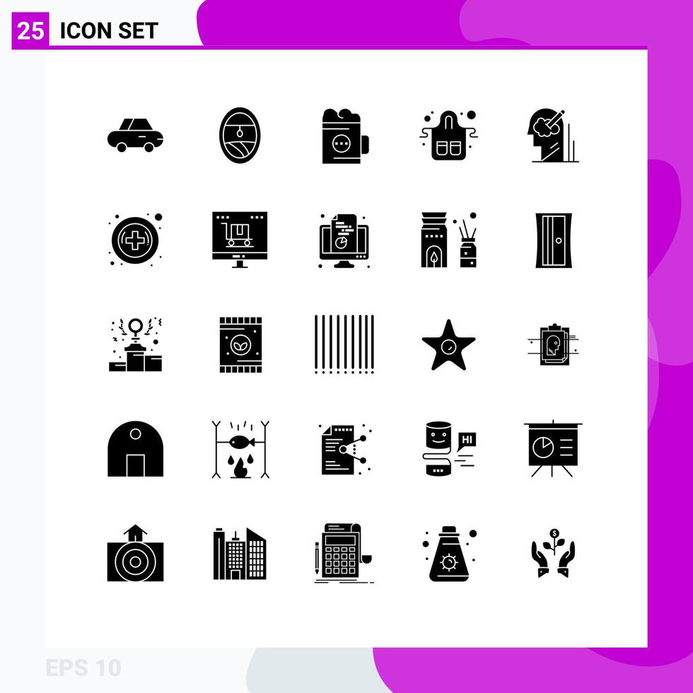 25 Thematic Vector Solid Glyphs and Editable Symbols of user mind drink restaurant gloves Editable Vector Design Elements