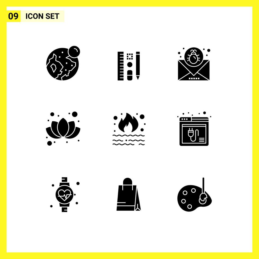 Universal Icon Symbols Group of 9 Modern Solid Glyphs of fire plum attack flower message Editable Vector Design Elements