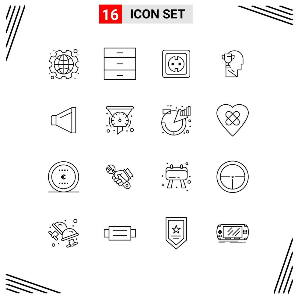 16 Universal Outlines Set for Web and Mobile Applications head brian interior mind power supply Editable Vector Design Elements