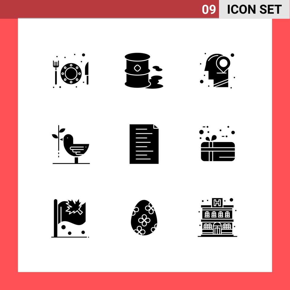 Set of 9 Vector Solid Glyphs on Grid for html pacifism location harmony dove Editable Vector Design Elements