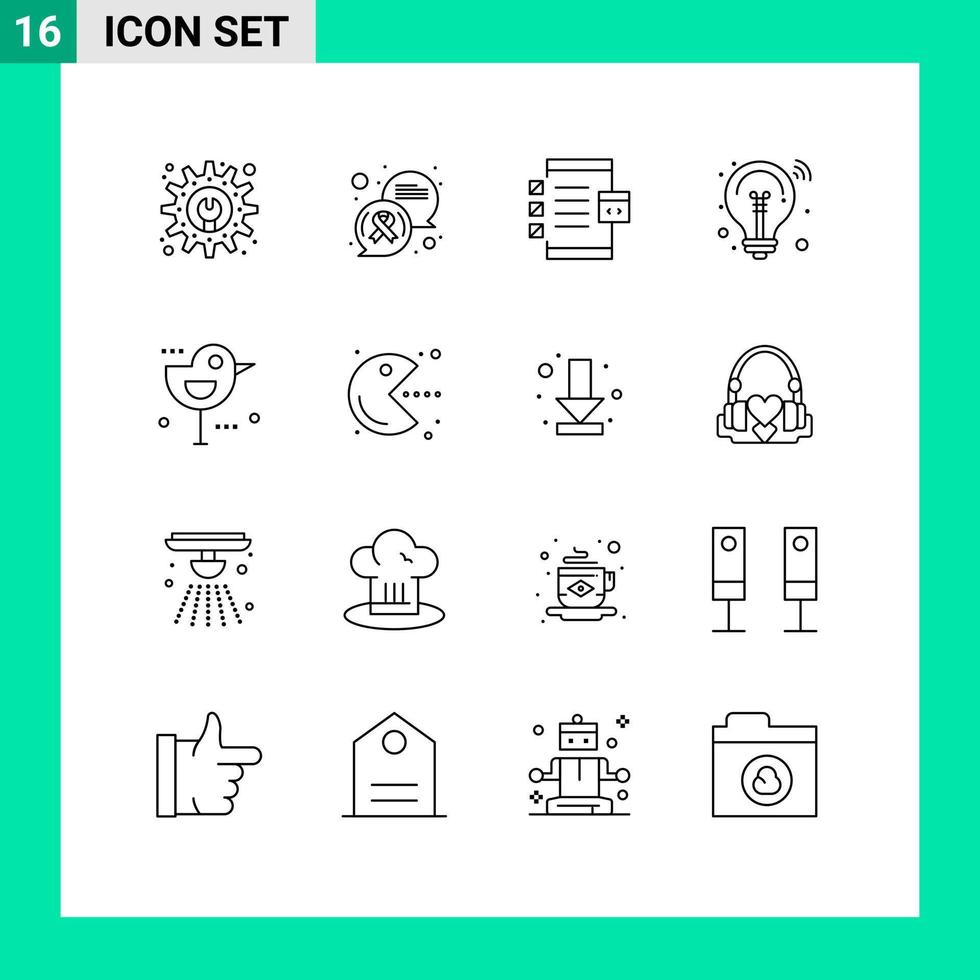 Mobile Interface Outline Set of 16 Pictograms of bird smart solution coding innovation bulb Editable Vector Design Elements