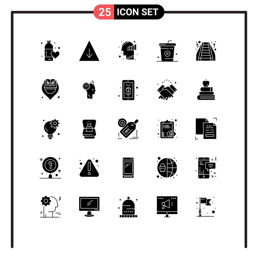 Mobile Interface Solid Glyph Set of 25 Pictograms of escalator food chart drinks coke Editable Vector Design Elements