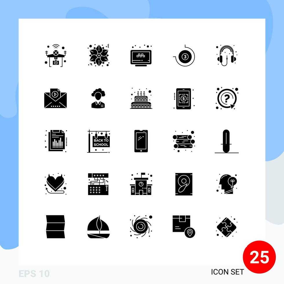 Modern Set of 25 Solid Glyphs Pictograph of audio stop watch winter count down booking Editable Vector Design Elements