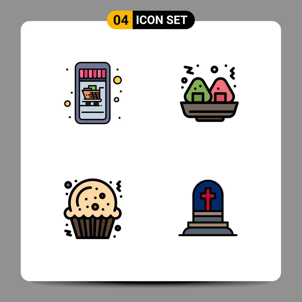 Pictogram Set of 4 Simple Filledline Flat Colors of mobile shopping grave food cookie rip Editable Vector Design Elements