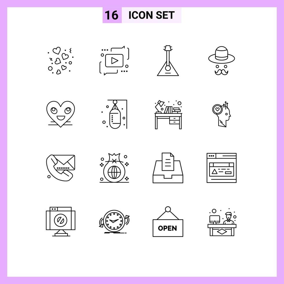 User Interface Pack of 16 Basic Outlines of day avatar media sound instrument Editable Vector Design Elements