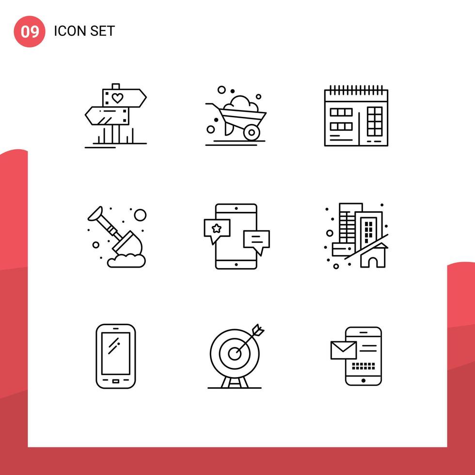 paquete de 9 signos y símbolos de contornos modernos para medios de impresión web, como elementos de diseño de vectores editables de arena de minería web de chat de medios