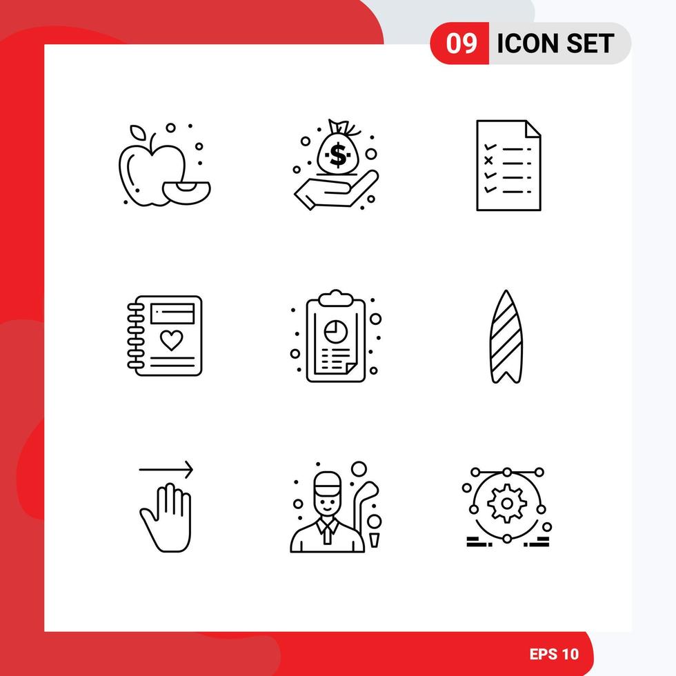 paquete de 9 signos y símbolos de contornos modernos para medios de impresión web, como el archivo de análisis de gráficos, el informe anual, los elementos de diseño de vectores editables del corazón