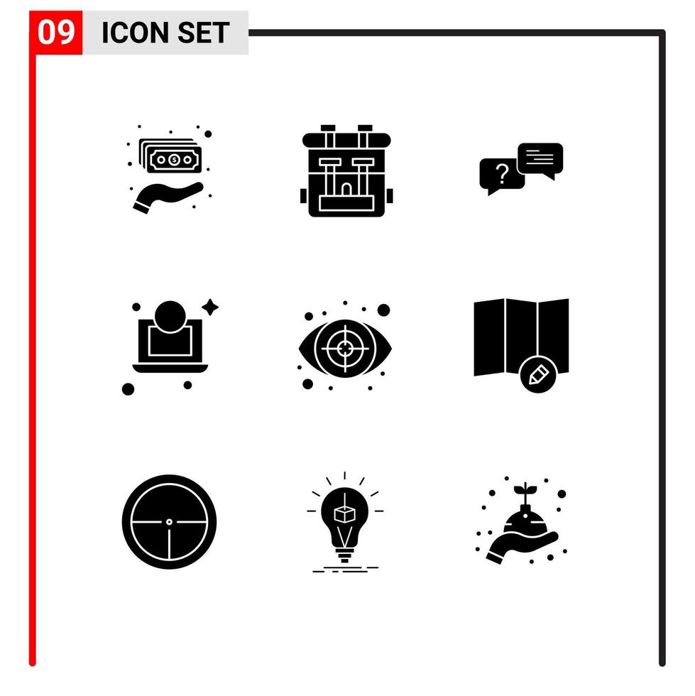 Modern Set of 9 Solid Glyphs and symbols such as investigation crime chat money laptop Editable Vector Design Elements