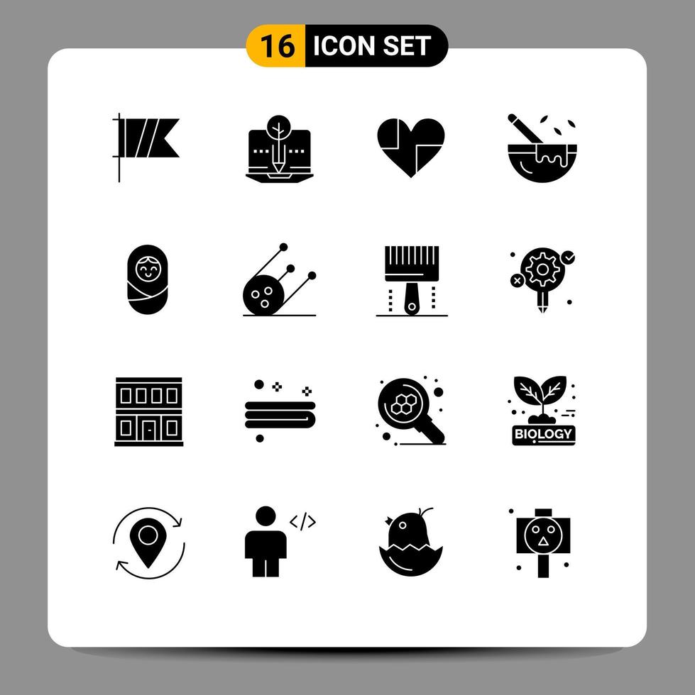 User Interface Pack of 16 Basic Solid Glyphs of baby kitchenware heart cooking chocolate Editable Vector Design Elements