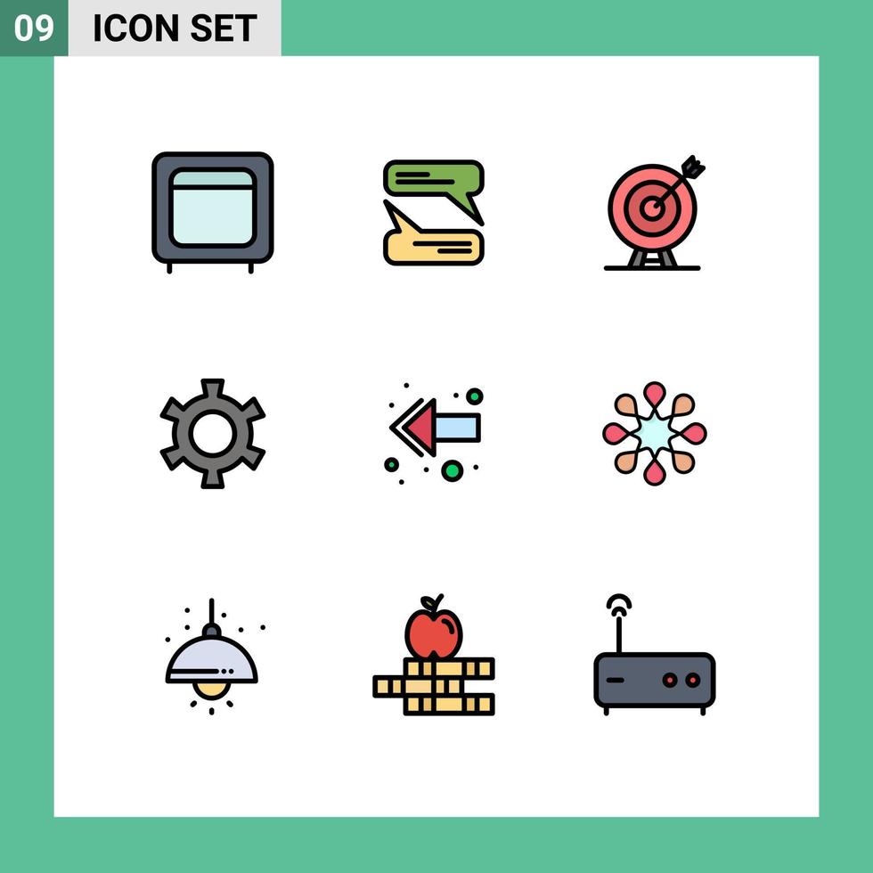 Pack of 9 Modern Filledline Flat Colors Signs and Symbols for Web Print Media such as back setting target gear goal Editable Vector Design Elements