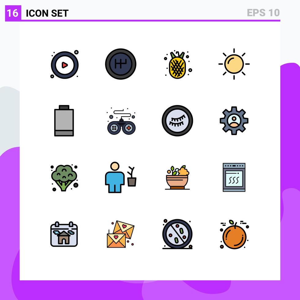 16 User Interface Flat Color Filled Line Pack of modern Signs and Symbols of game controller summer power battery Editable Creative Vector Design Elements