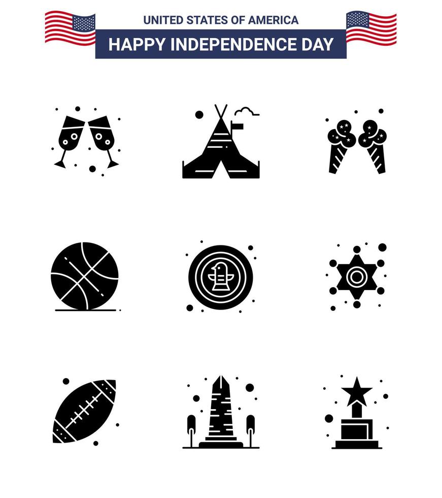 paquete grande de 9 ee.uu. feliz día de la independencia ee.uu. vector glifos sólidos y símbolos editables de celebración hielo americano bola de ee.uu. elementos editables de diseño vectorial del día de ee.uu.