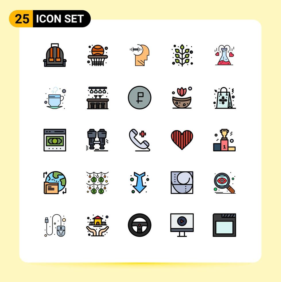 conjunto de pictogramas de 25 colores planos de línea rellena simple de elementos de diseño de vector editable de hoja de entrenamiento de planta de matraz