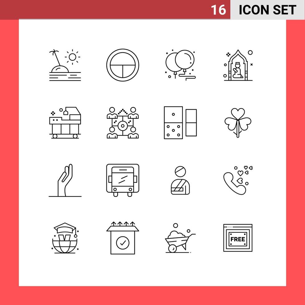 Group of 16 Outlines Signs and Symbols for bed man balloons pray mosque Editable Vector Design Elements