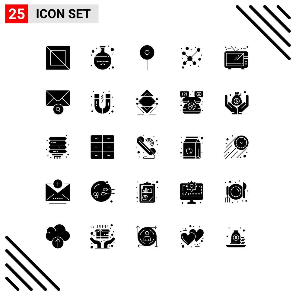 Group of 25 Modern Solid Glyphs Set for message tv maps television science Editable Vector Design Elements