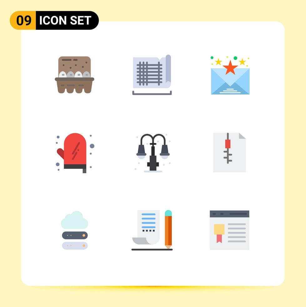 Group of 9 Flat Colors Signs and Symbols for light city email kitchen food Editable Vector Design Elements