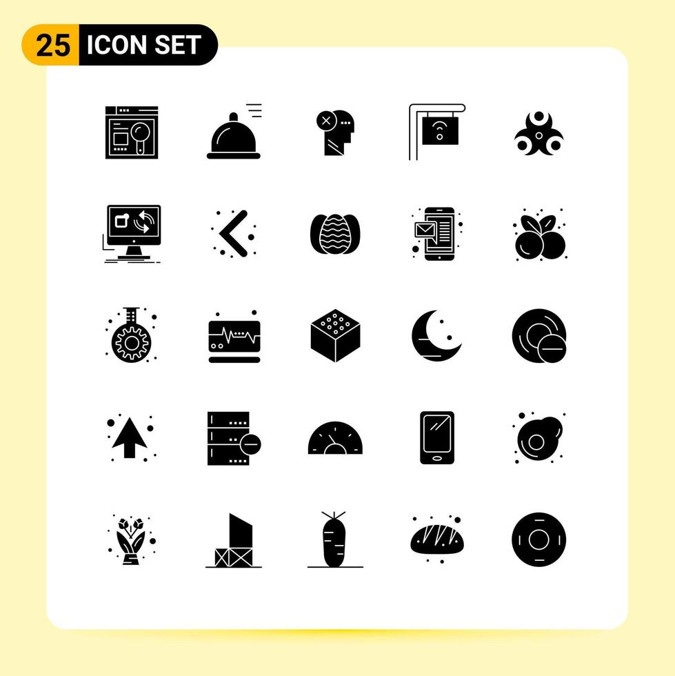 User Interface Pack of 25 Basic Solid Glyphs of hazard internet failure cafe mind Editable Vector Design Elements